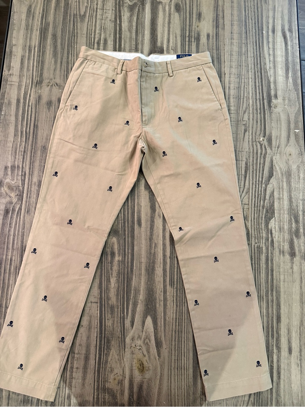 Polo Ralph Lauren 36x32 Slim Fit Khaki Skull Crossbones Embroidered Chinos